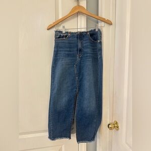 Juicy Couture Denim Midi Skirt Dark Wash Y2K Heart Rhinestone Pocket Fray